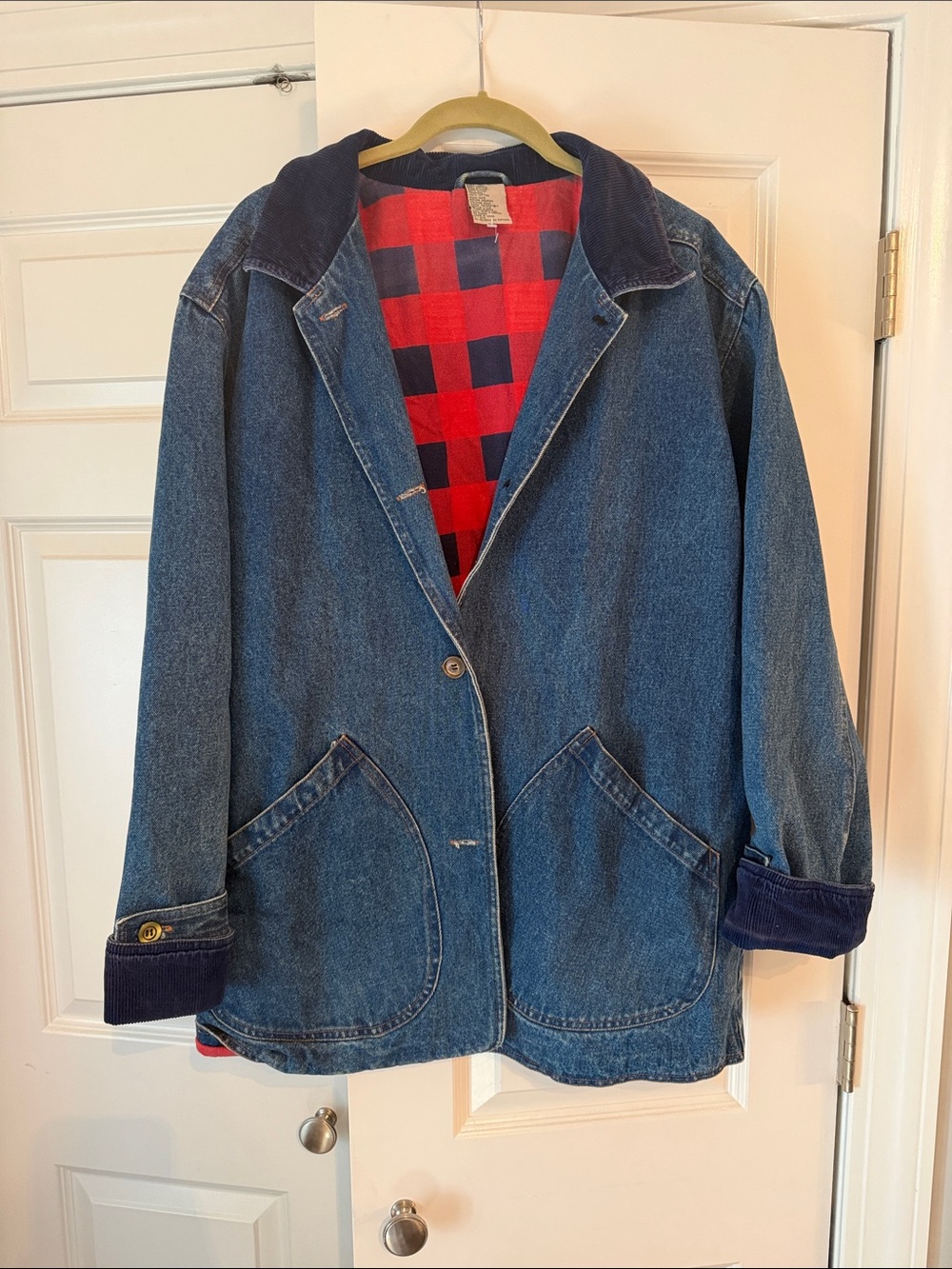 Vintage Denim Women's Barn Jacket with Red Plaid Lining